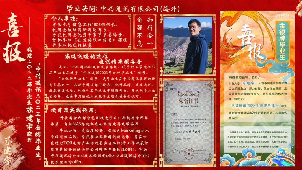 ​喜报|必赢官网2022届毕业生苏建宇获评“中兴通讯2023年金牌毕业生”